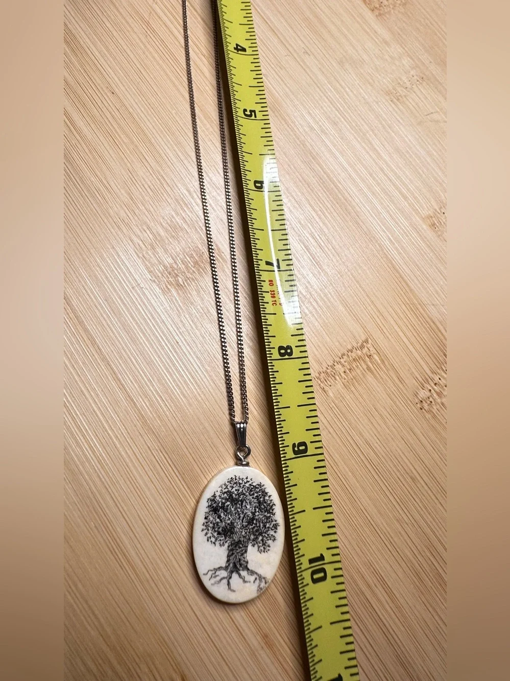 Tree of Life Oval Pendant Necklace - Faux Bone carved on silver tone chain